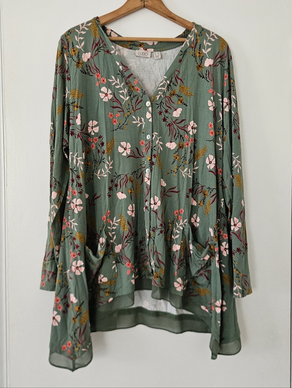 LOGO Lori Goldstein Womens Cardigan Button Cottage Floral Earthy Stretch Relaxed